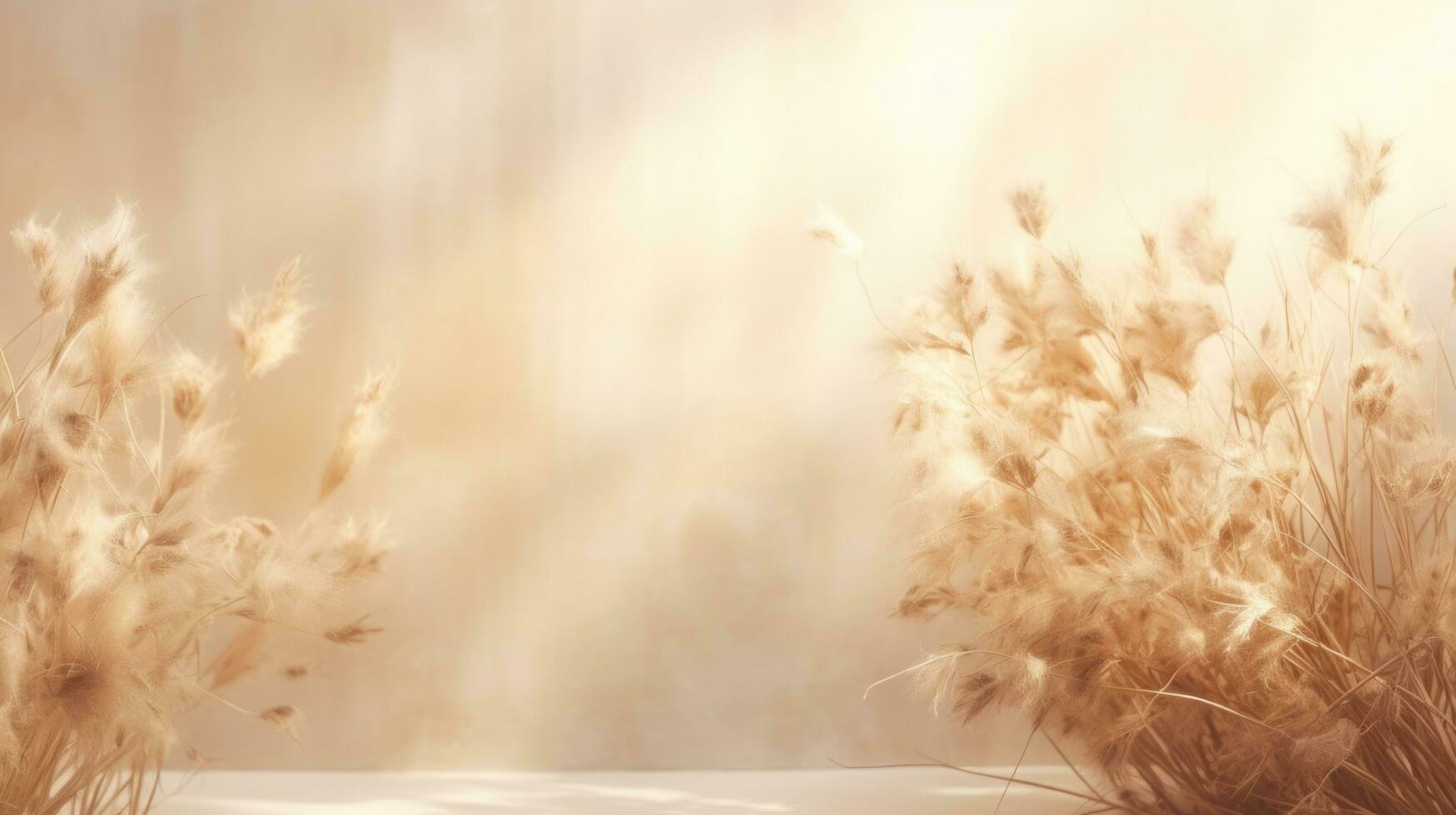 AI generated dried grass and leaves near a beige wall photo