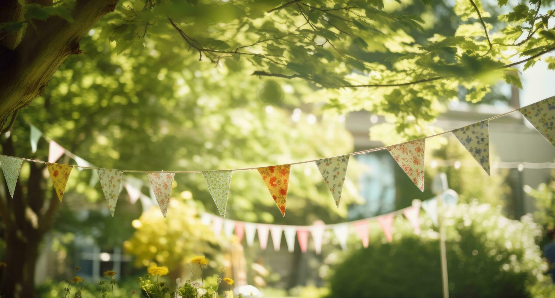 AI generated colored buntings hang in the sunlight, in a sunny day photo