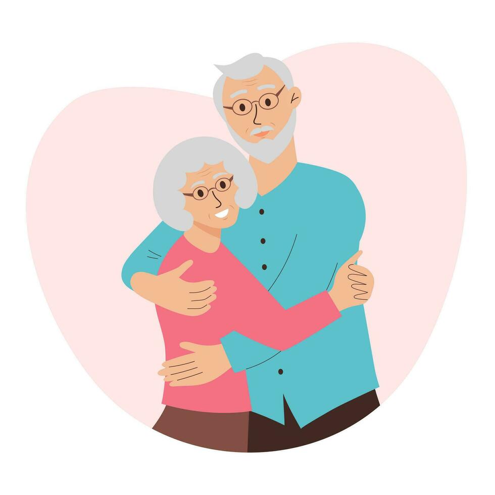 Senior Couple Hugging. Elderly woman and man embrace, support and take care each other. Cartoon flat vector illustration.