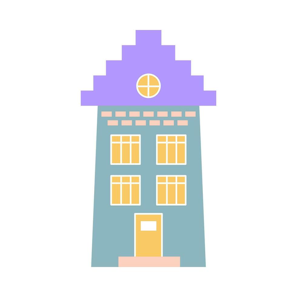 Cute pastel scandinavian house. Dutch canal home. Traditional architecture of Netherlands, Belgium and Amsterdam. Hand drawn vector illustration isolated on white background.
