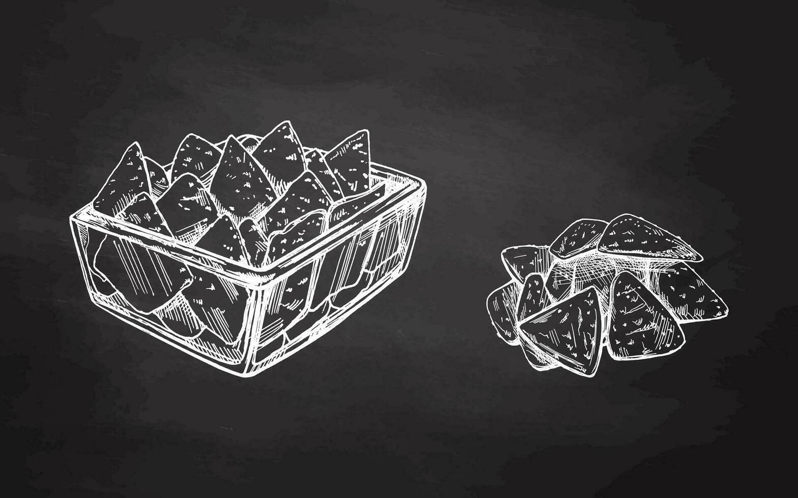 Hand-drawn sketches of nachos in a glass bowl and handful of nachos. Vintage drawing on chalkboard background. Vector food illustration. Mexican food. Illustration for the menu.