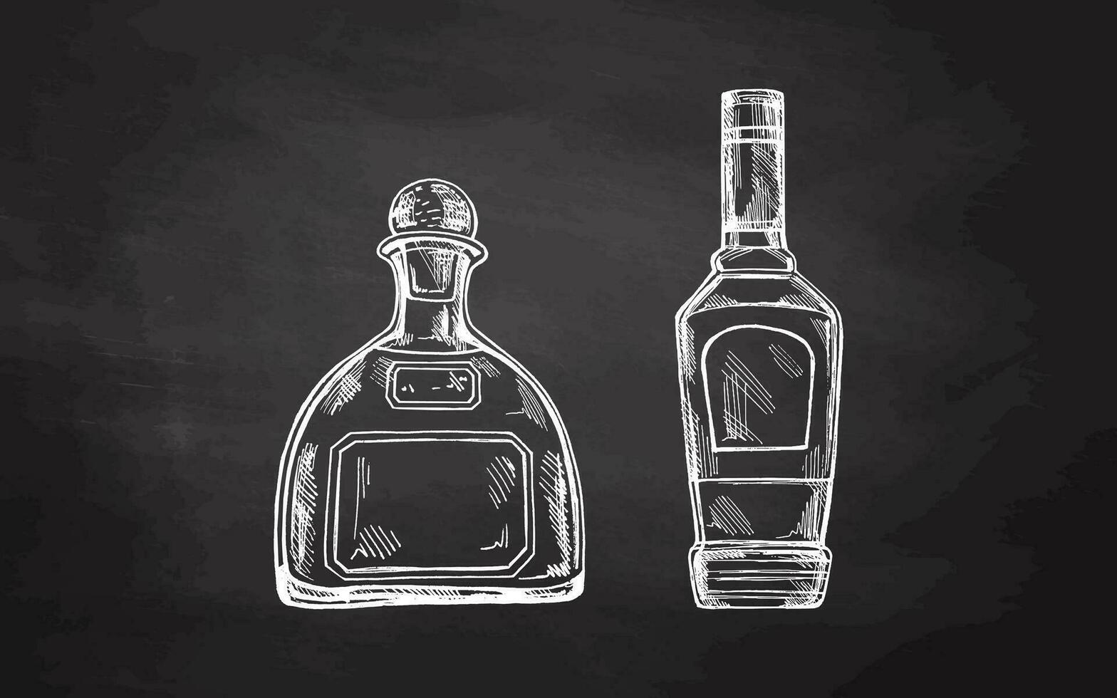 Hand-drawn bottles of tequila on chalkboard background. Elements set for the menu of bars. Vector sketch illustration in engraving style. Mexico, Latin America.