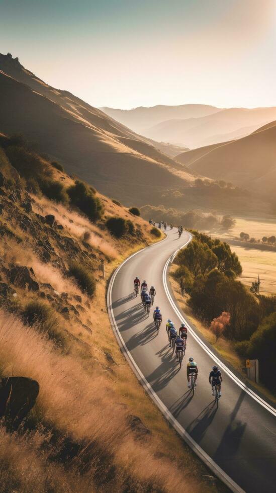 AI generated cyclists riding through a winding mountain road, with a beautiful scenic landscape photo