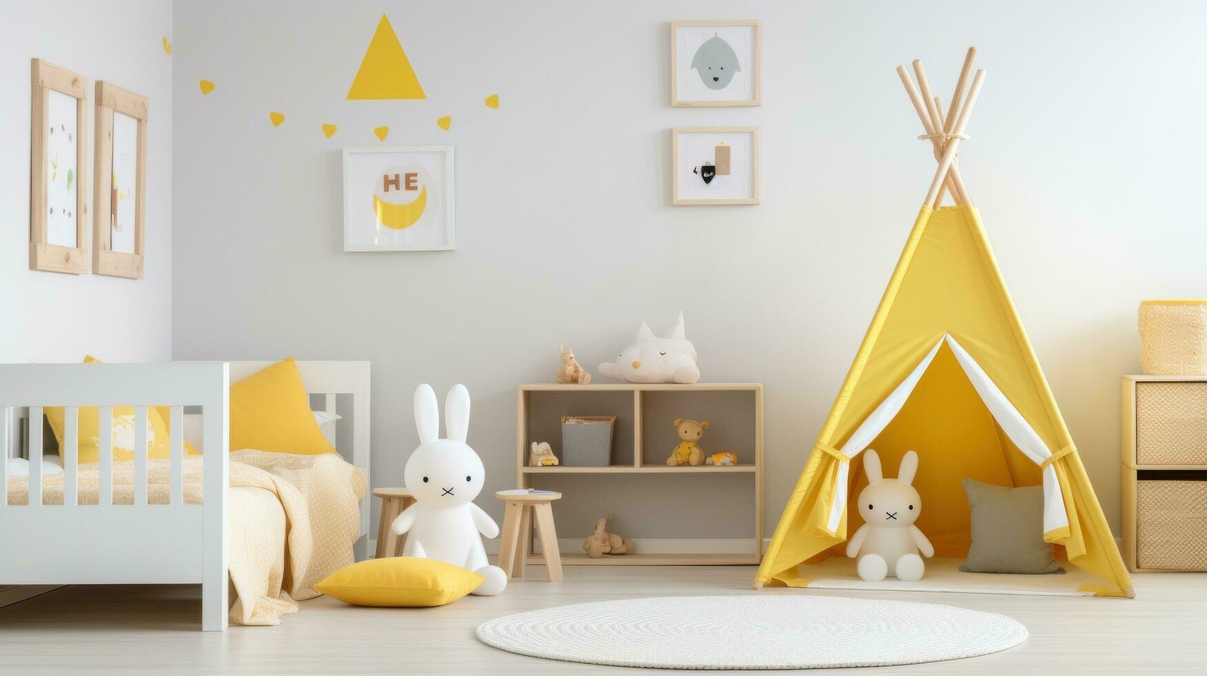 ai generado un genero neutral para niños habitación con un blanco y amarillo color esquema foto