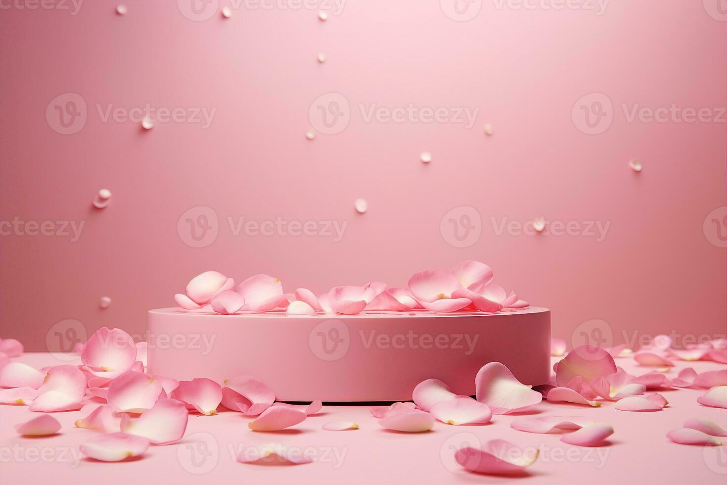 AI generated Pink product podium placement on solid background with rose petals falling. Luxury premium beauty, fashion, cosmetic and spa gift stand presentation. Valentine day present showcase. photo