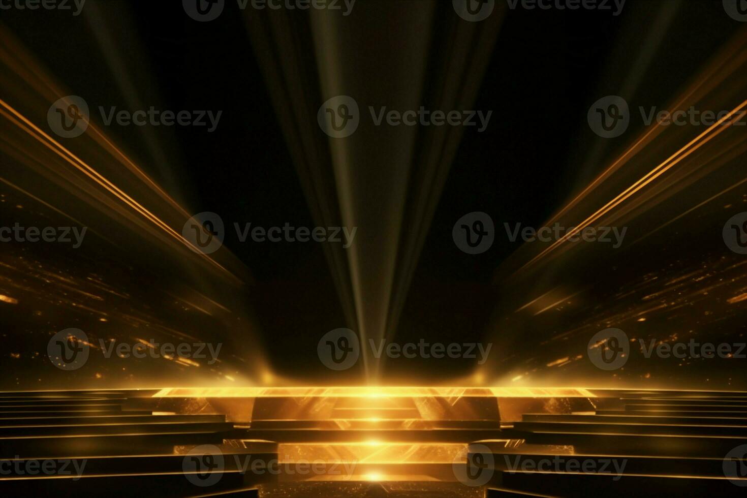 AI generated Abstract golden light rays scene with stairs. generative ai. photo