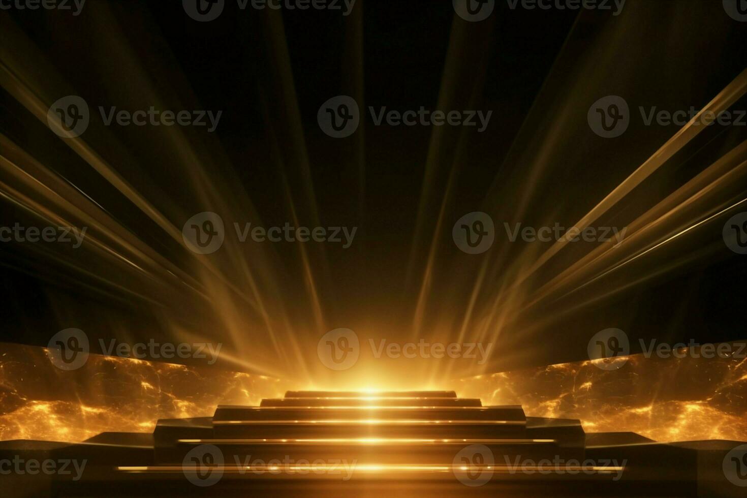 AI generated Abstract golden light rays scene with stairs. generative ai. photo