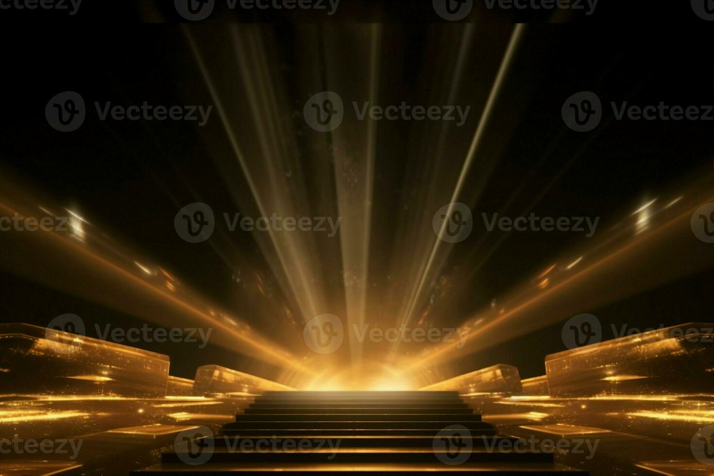 AI generated Abstract golden light rays scene with stairs. generative ai. photo
