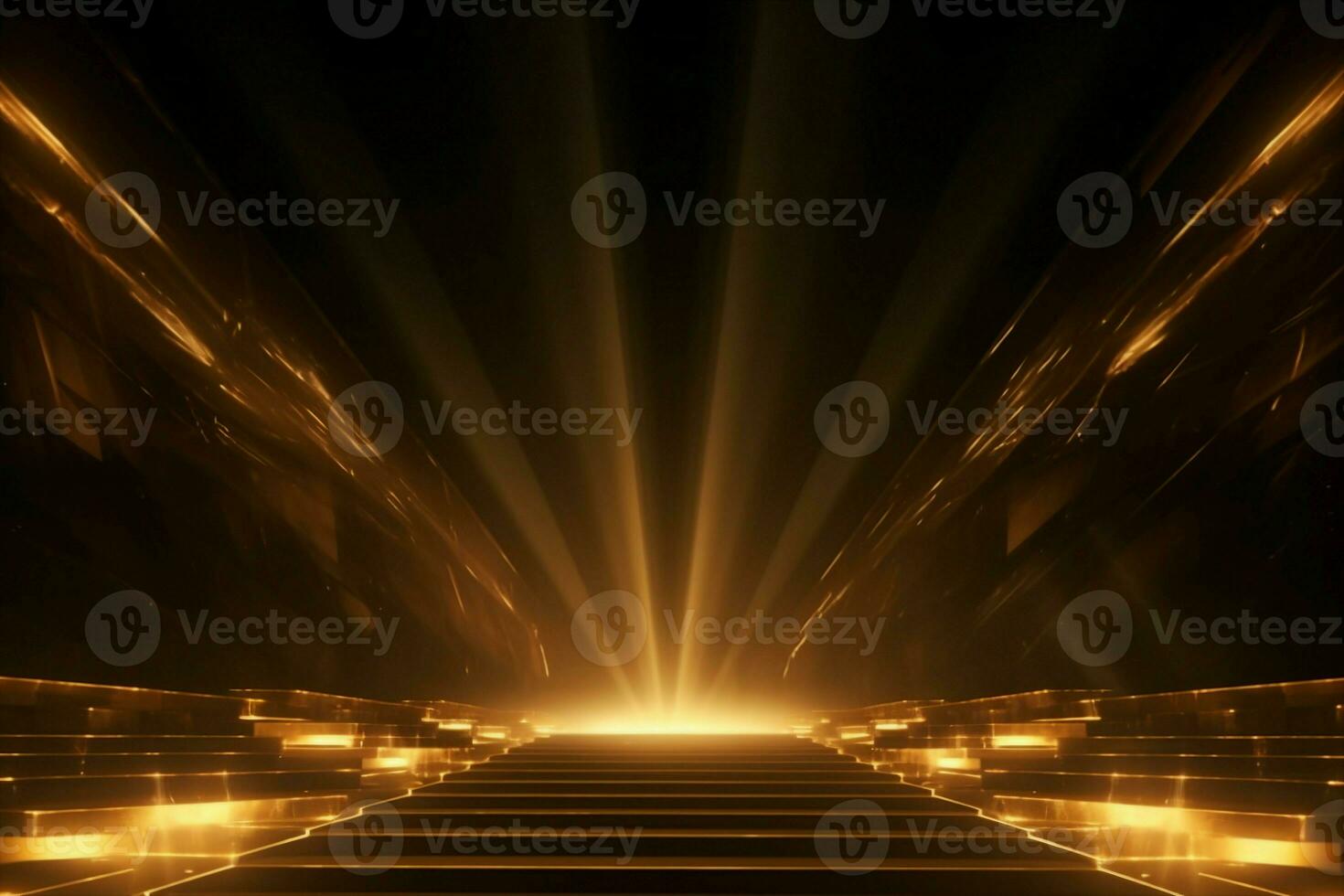 AI generated Abstract golden light rays scene with stairs. generative ai. photo