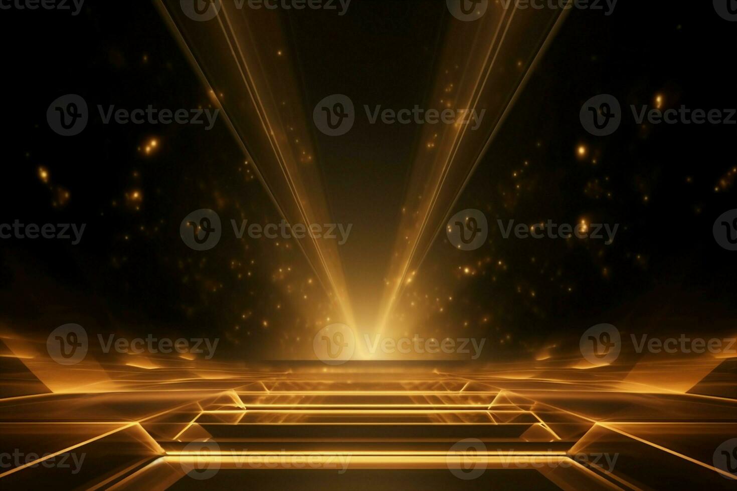 AI generated Abstract golden light rays scene with stairs. generative ai. photo