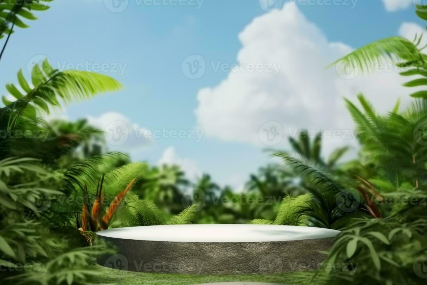 AI generated empty concrete podium on green grass with tropical forest plant blur cloud blue sky background with space.organic healthy product present natural placement pedestal display. photo