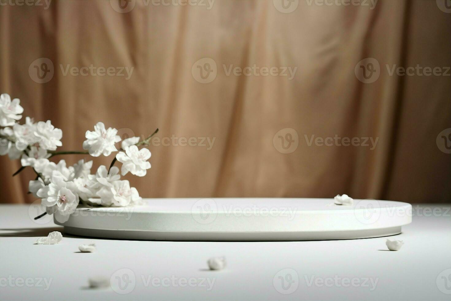 AI generated Geometric empty podium platform stand for product presentation and spring flowering tree branch with white lilac flowers on white background. generative ai. photo