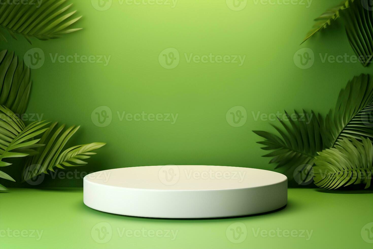 AI generated White product podium and tropical palm leaves shadow on green background. Background for product presentation. generative ai. photo