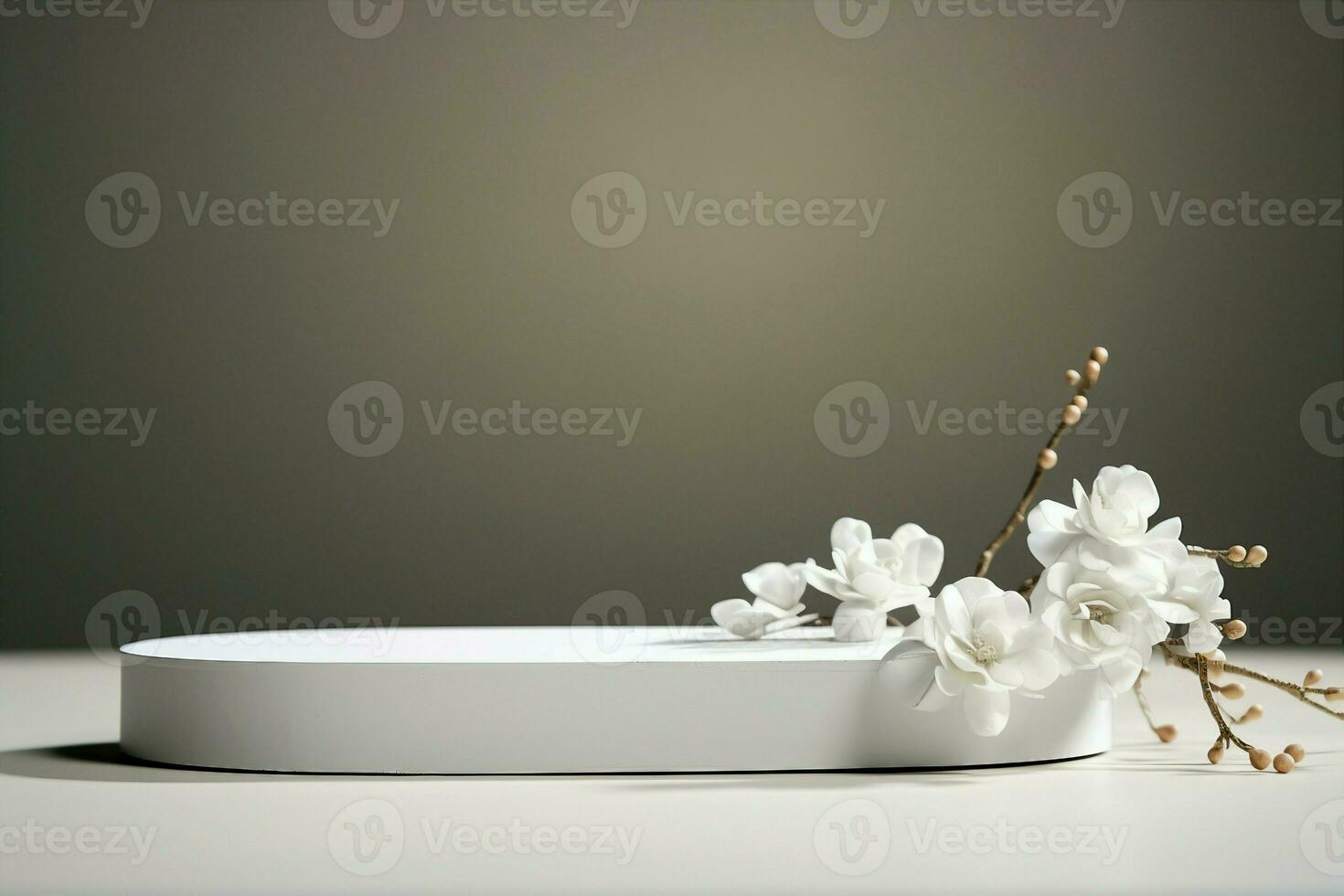 AI generated Geometric empty podium platform stand for product presentation and spring flowering tree branch with white lilac flowers on white background. generative ai. photo