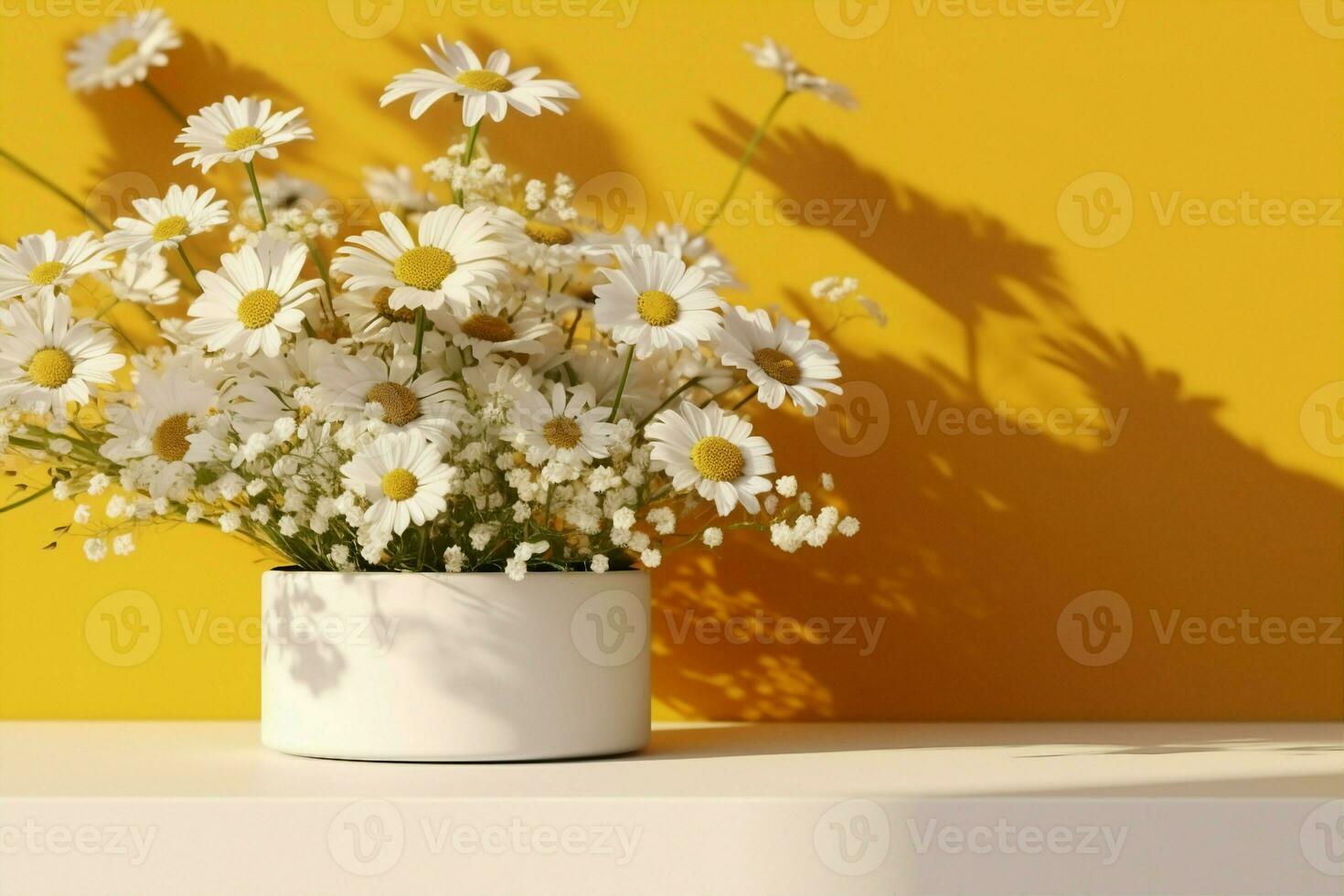 AI generated Realistic 3D render blank empty stylish white marble products display podium with beautiful white bellis perennis daisy bouquet and foliage shadow on bright mustard yellow wall. photo