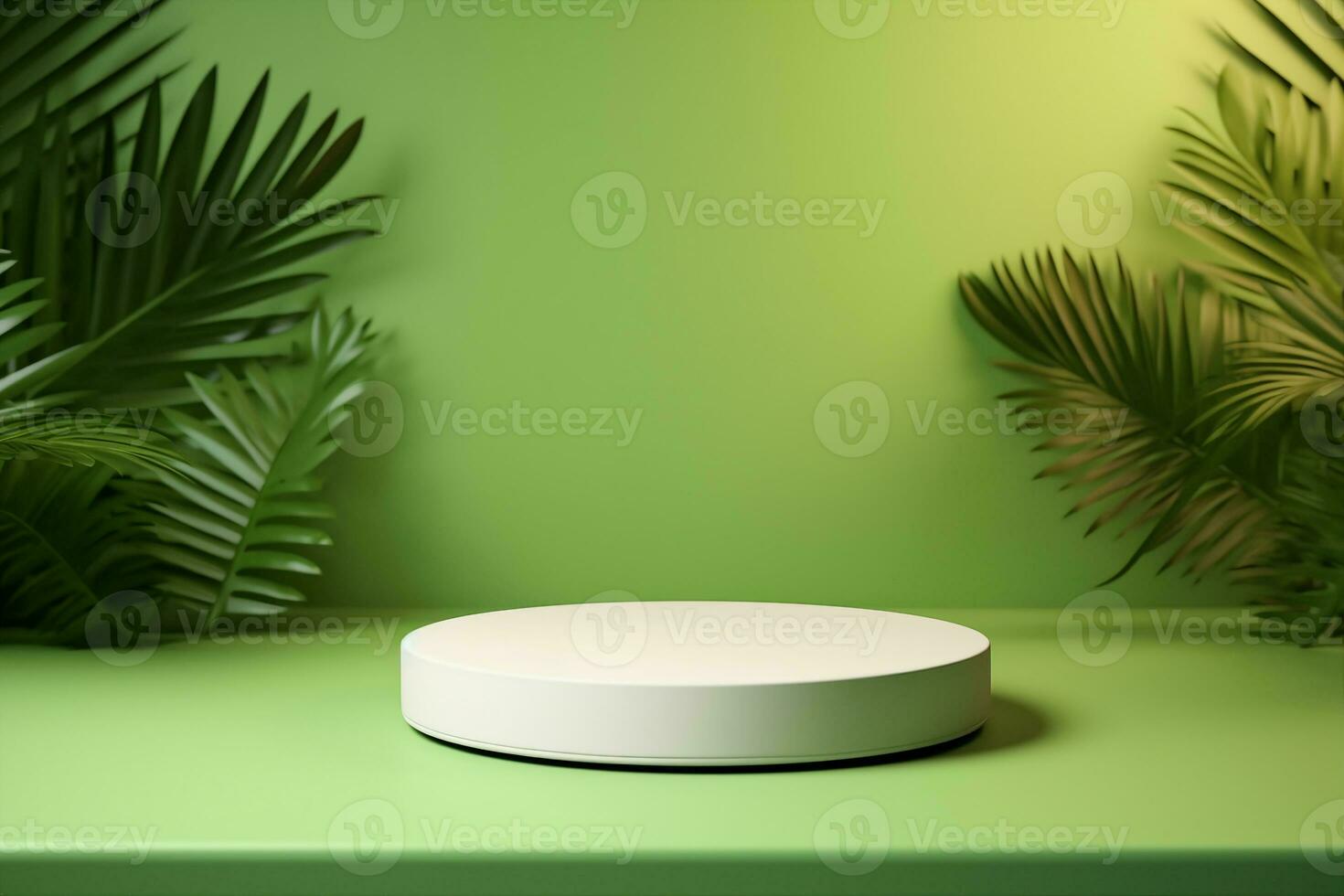 AI generated White product podium and tropical palm leaves shadow on green background. Background for product presentation. generative ai. photo