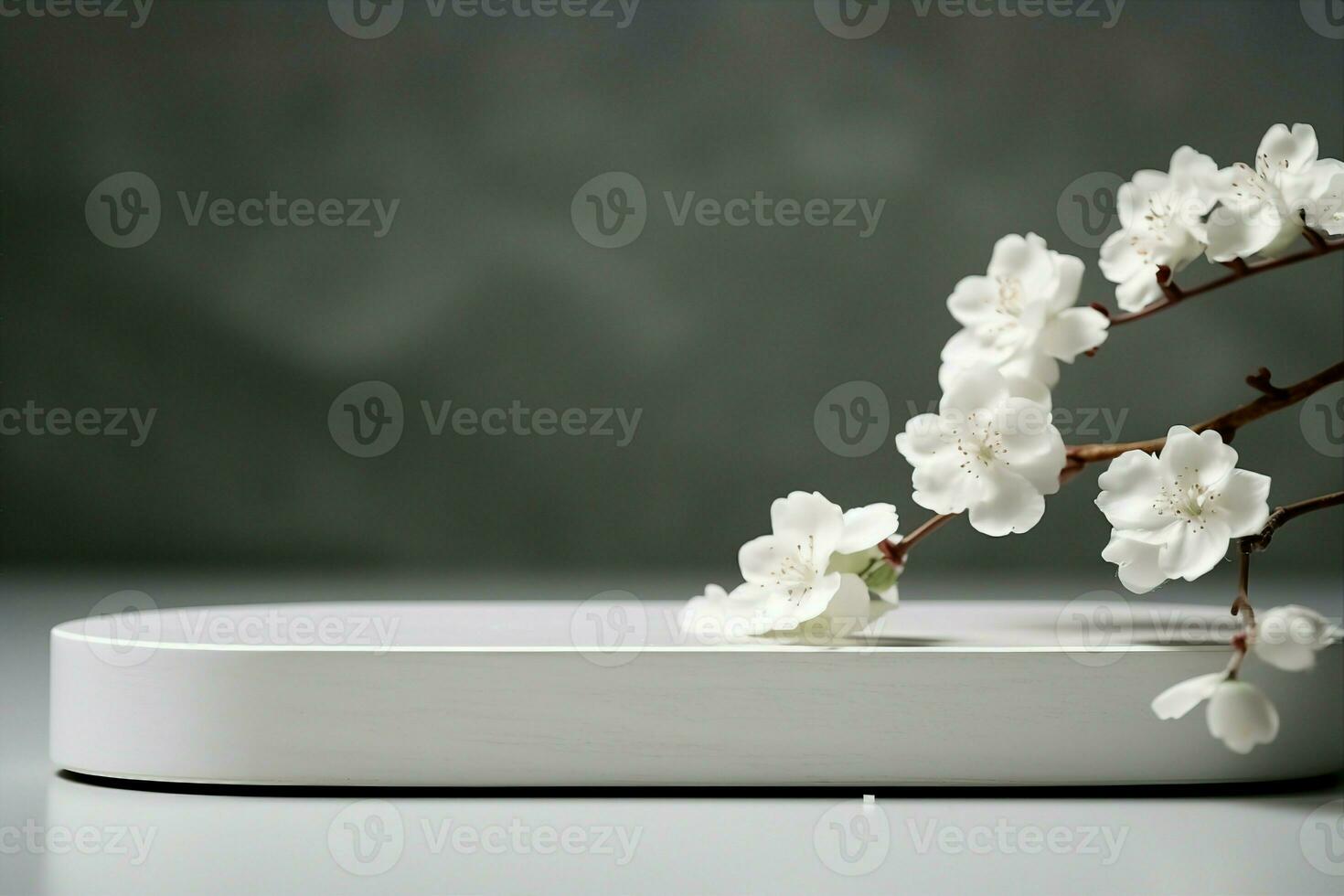 AI generated Geometric empty podium platform stand for product presentation and spring flowering tree branch with white lilac flowers on white background. generative ai. photo