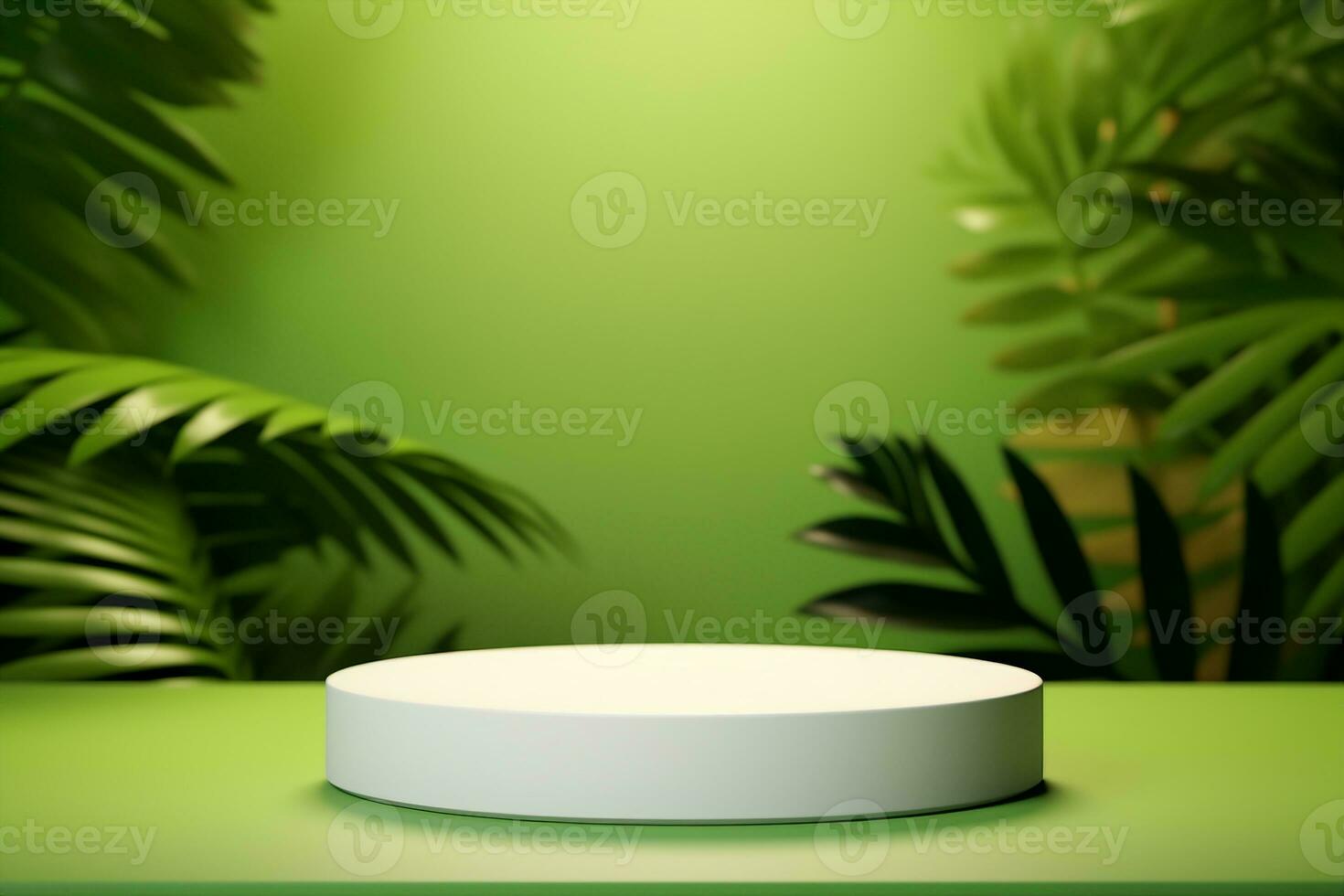 AI generated White product podium and tropical palm leaves shadow on green background. Background for product presentation. generative ai. photo