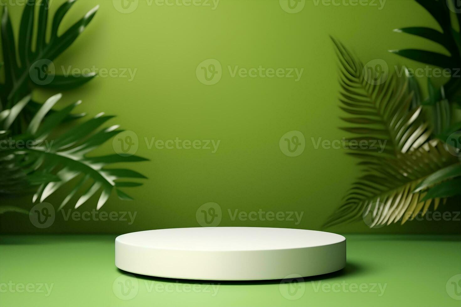 AI generated White product podium and tropical palm leaves shadow on green background. Background for product presentation. generative ai. photo
