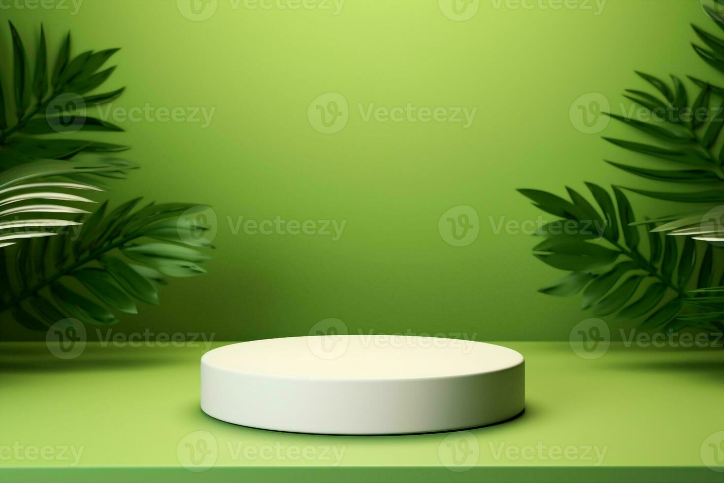 AI generated White product podium and tropical palm leaves shadow on green background. Background for product presentation. generative ai. photo