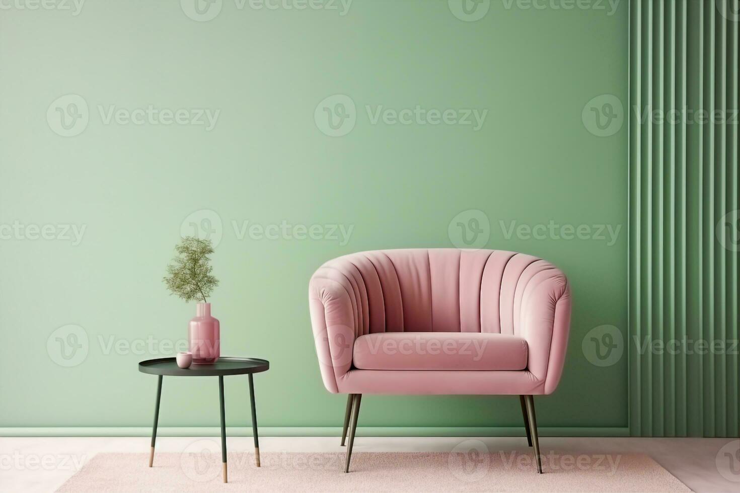 AI generated Interior with a soft green armchair on a pink wall background. 3D illustration, 3d render. generative ai. photo