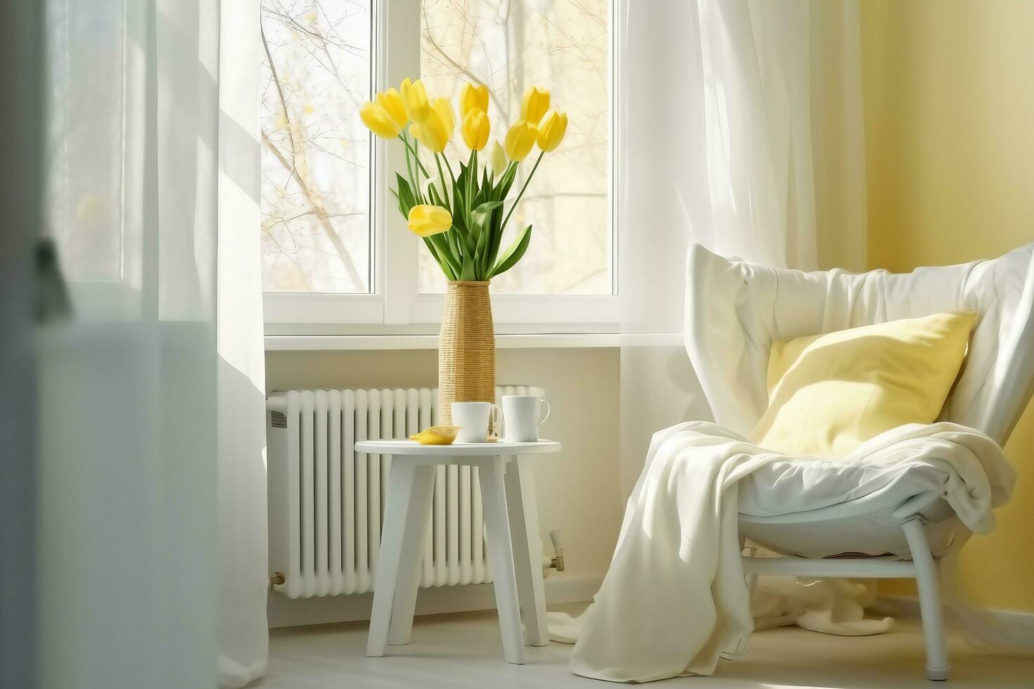 AI generated Light spring bedroom interior, bed, white chair, glass with yellow tulip, window light curtains, pastel colors. generative ai. photo