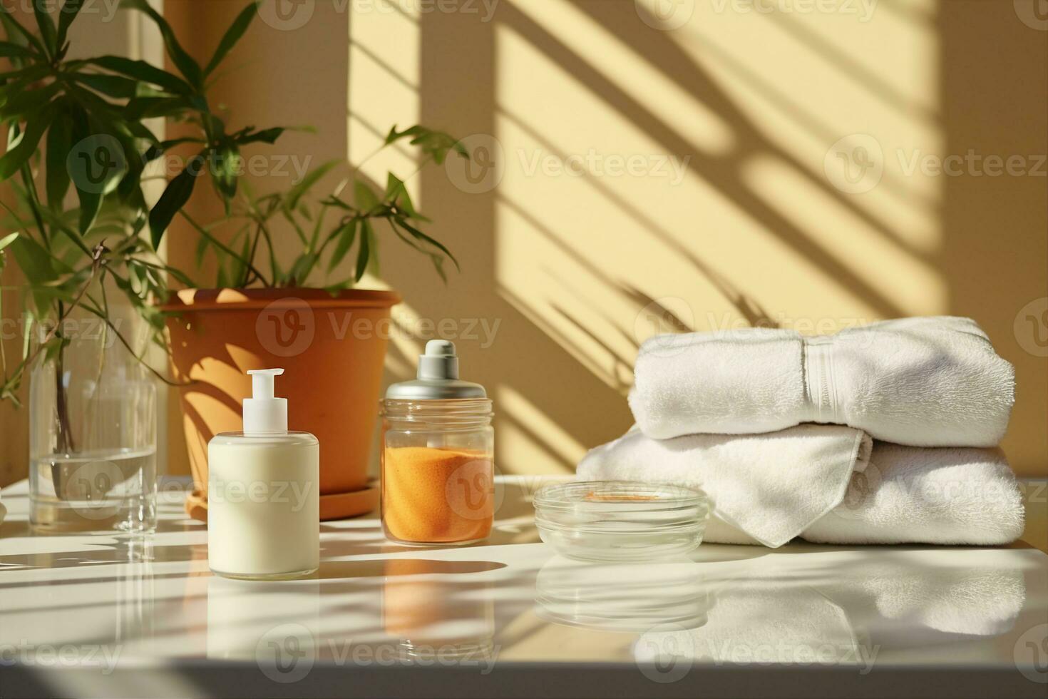 AI generated Various objects on a white tile background with warm sunlight shining through. generative ai. photo