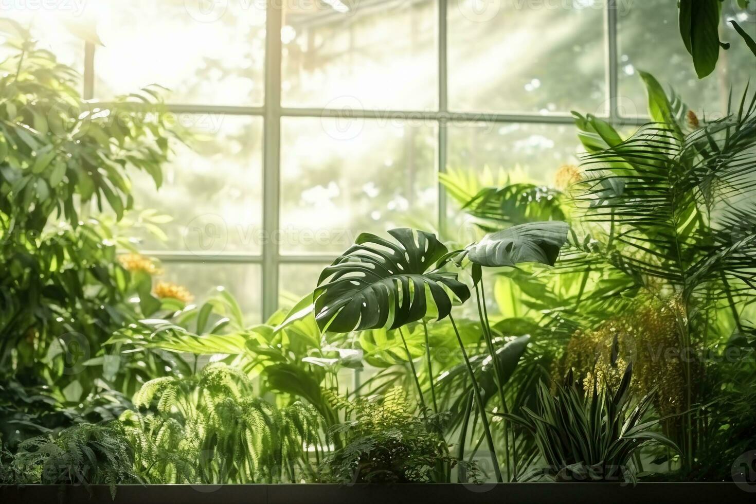 AI generated Green plants in botanical garden indoor. Sunshine in panoramic window. Fresh natural background. generative ai. photo