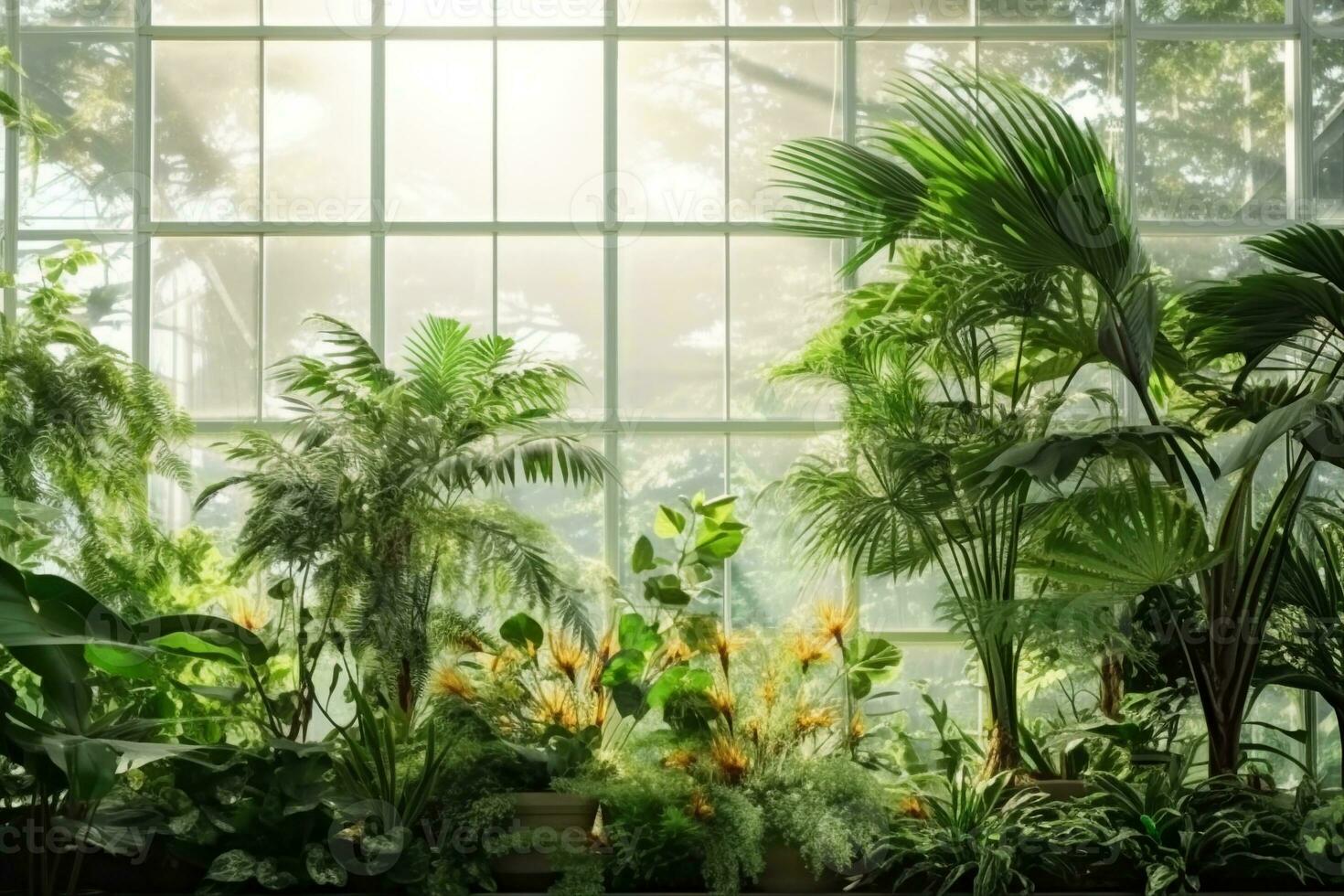 AI generated Green plants in botanical garden indoor. Sunshine in panoramic window. Fresh natural background. generative ai. photo