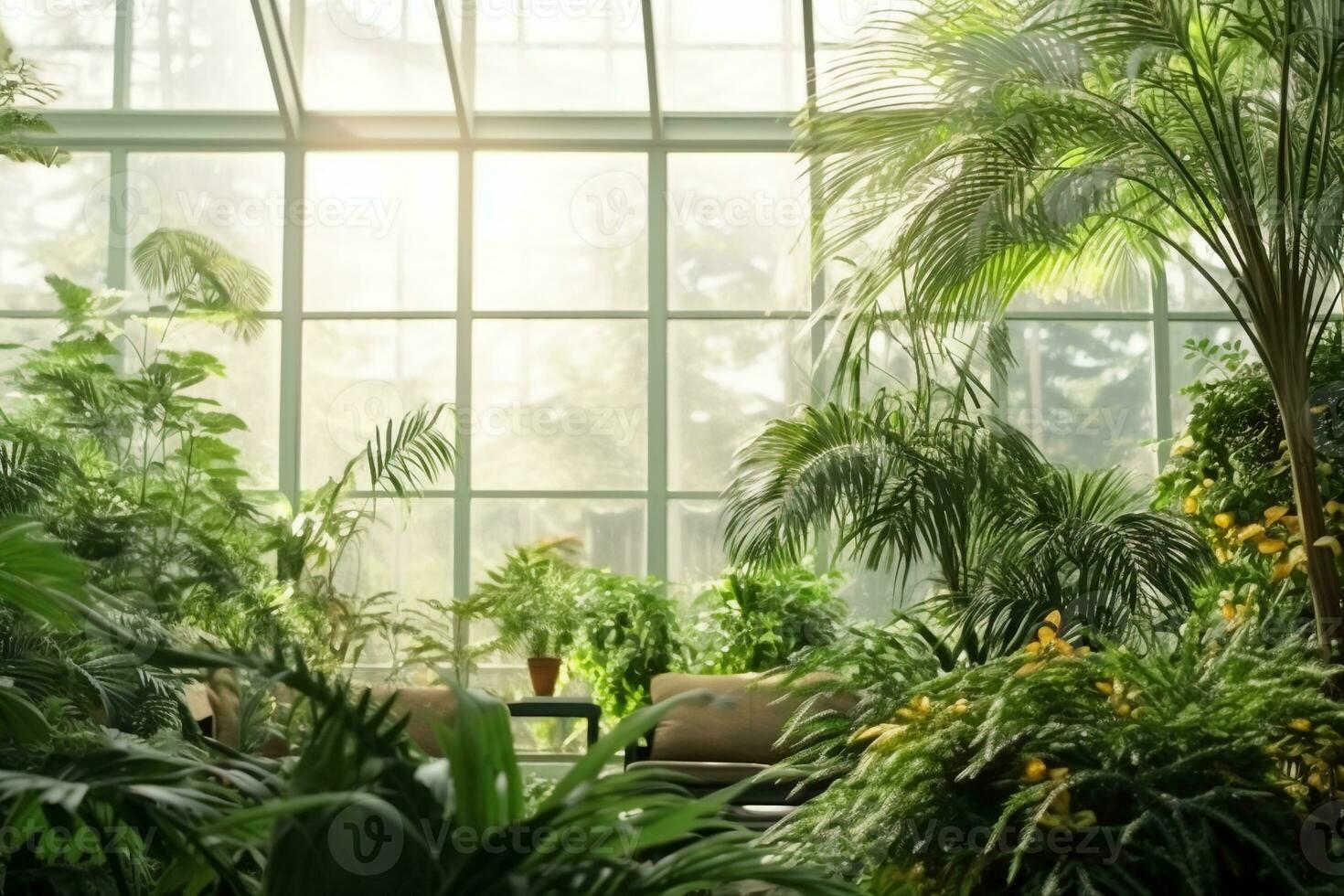 AI generated Green plants in botanical garden indoor. Sunshine in panoramic window. Fresh natural background. generative ai. photo