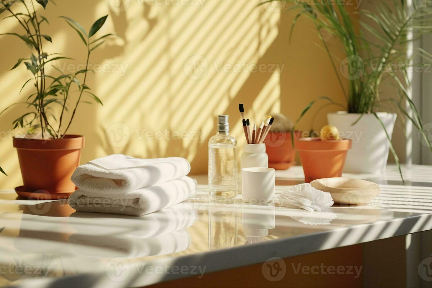 AI generated Various objects on a white tile background with warm sunlight shining through. generative ai. photo