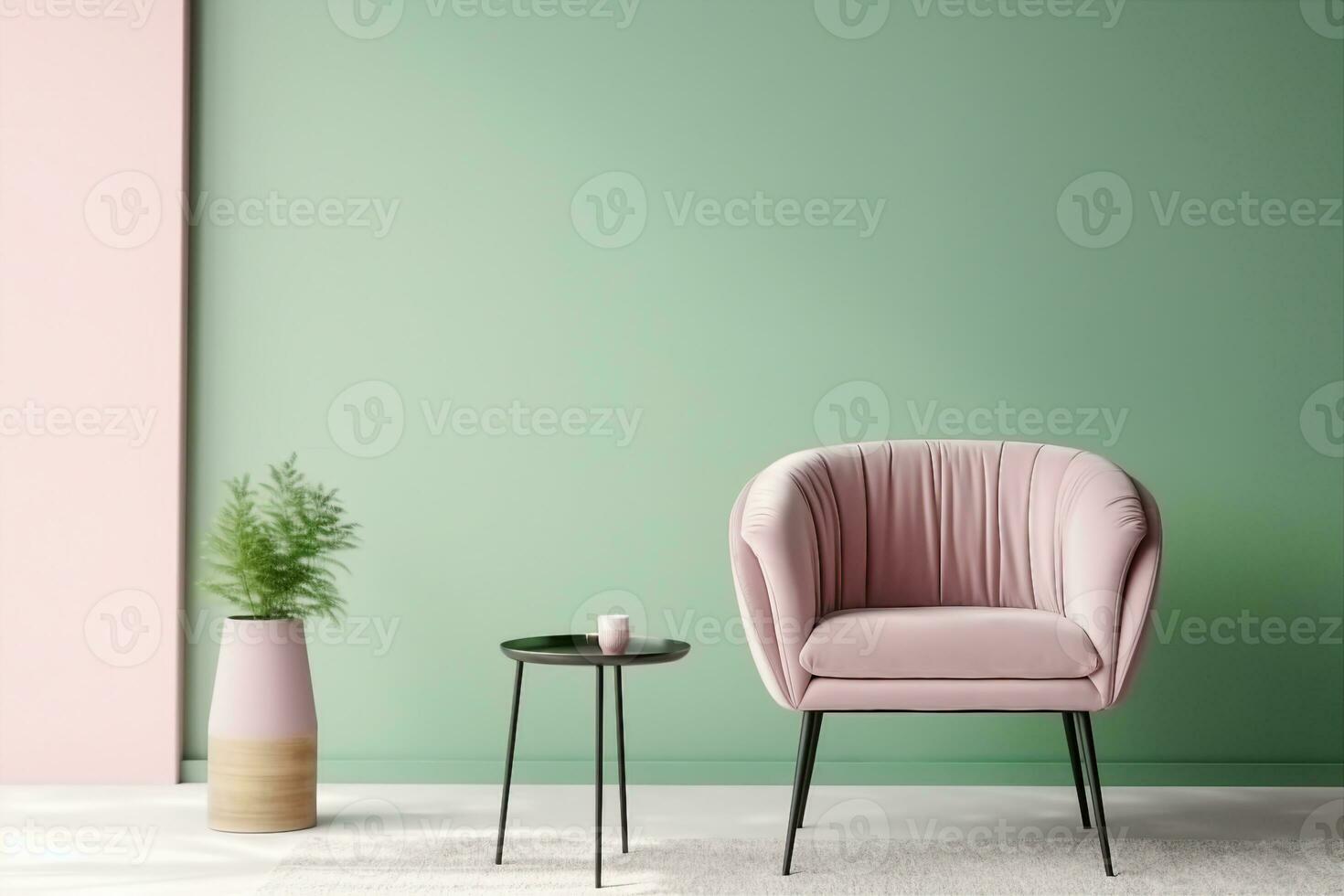 AI generated Interior with a soft green armchair on a pink wall background. 3D illustration, 3d render. generative ai. photo