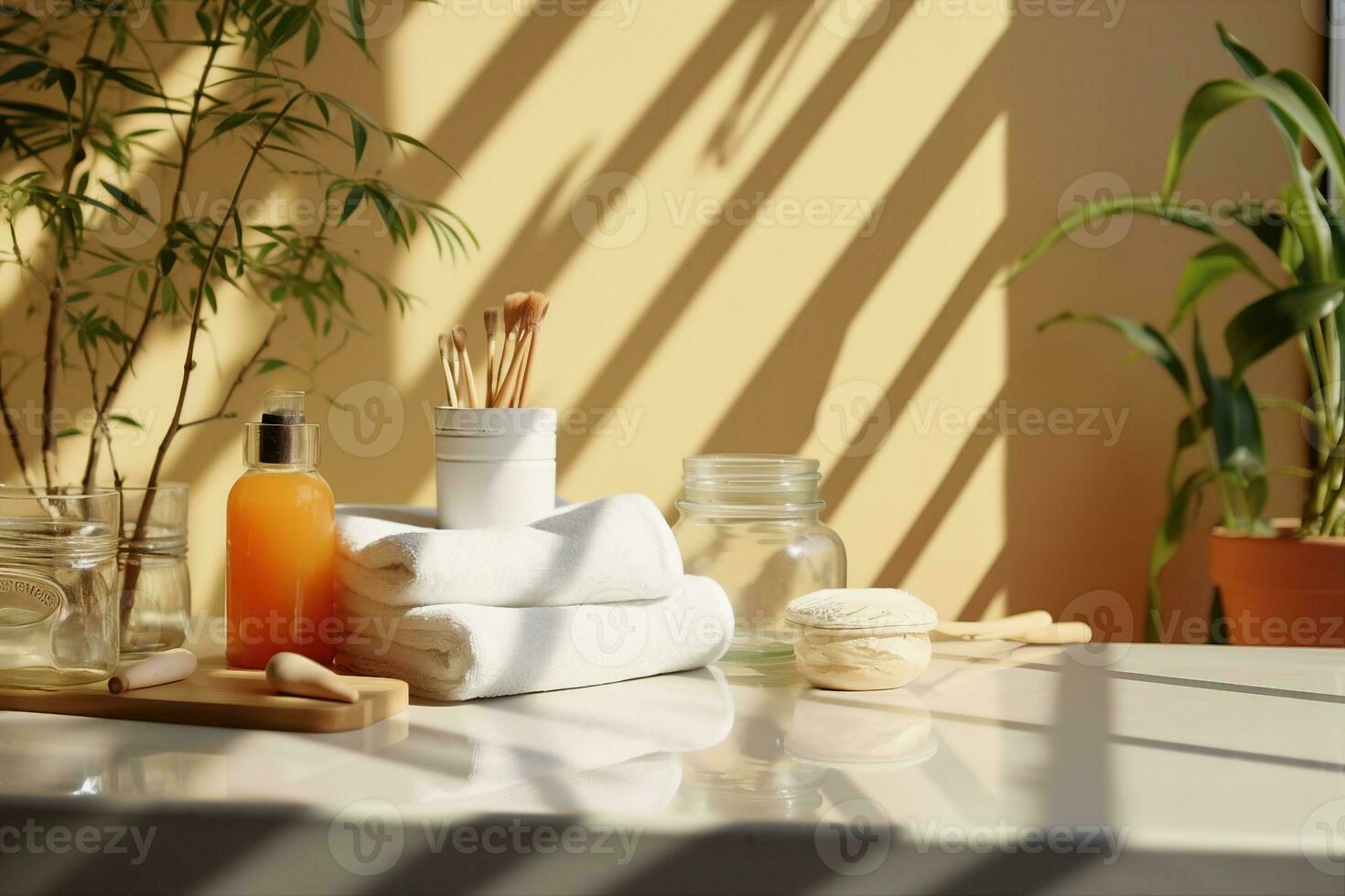 AI generated Various objects on a white tile background with warm sunlight shining through. generative ai. photo