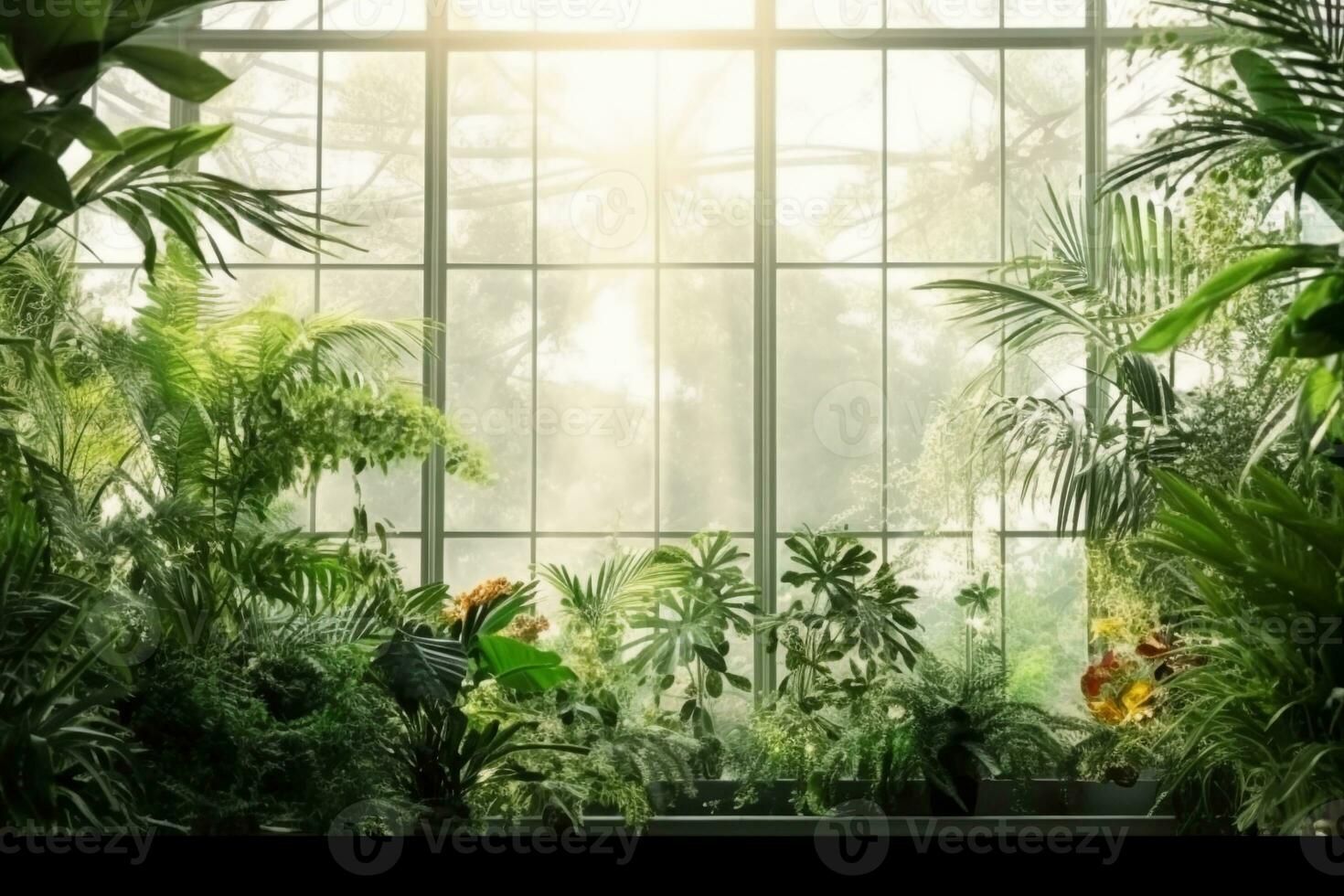 AI generated Green plants in botanical garden indoor. Sunshine in panoramic window. Fresh natural background. generative ai. photo
