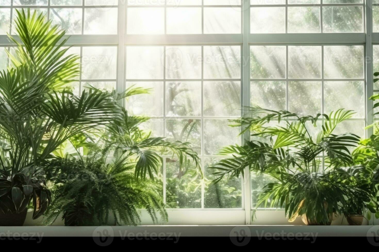 AI generated Green plants in botanical garden indoor. Sunshine in panoramic window. Fresh natural background. generative ai. photo