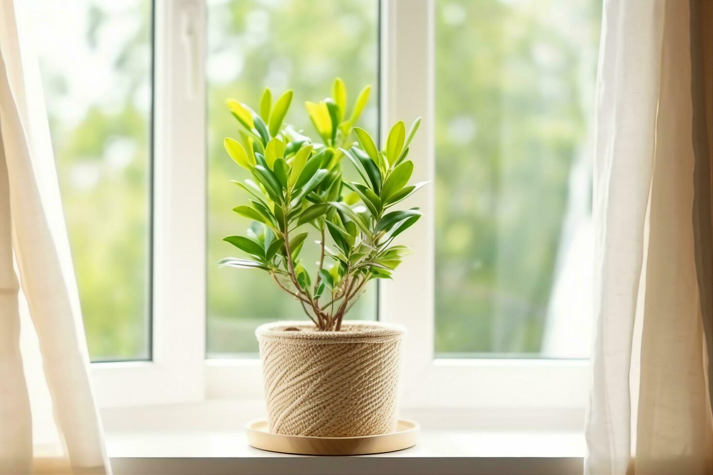 AI generated concept of home gardening. Zamioculcas in flowerpot on windowsill. Home plants on the windowsill. Green Home plants in a pot on windowsill at home. generative ai. photo