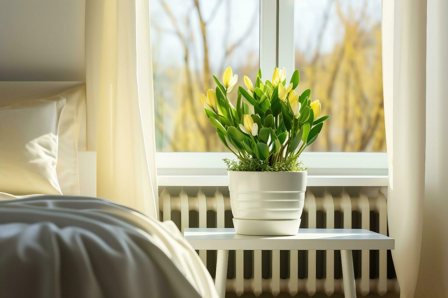 AI generated concept of home gardening. Zamioculcas in flowerpot on windowsill. Home plants on the windowsill. Green Home plants in a pot on windowsill at home. generative ai. photo