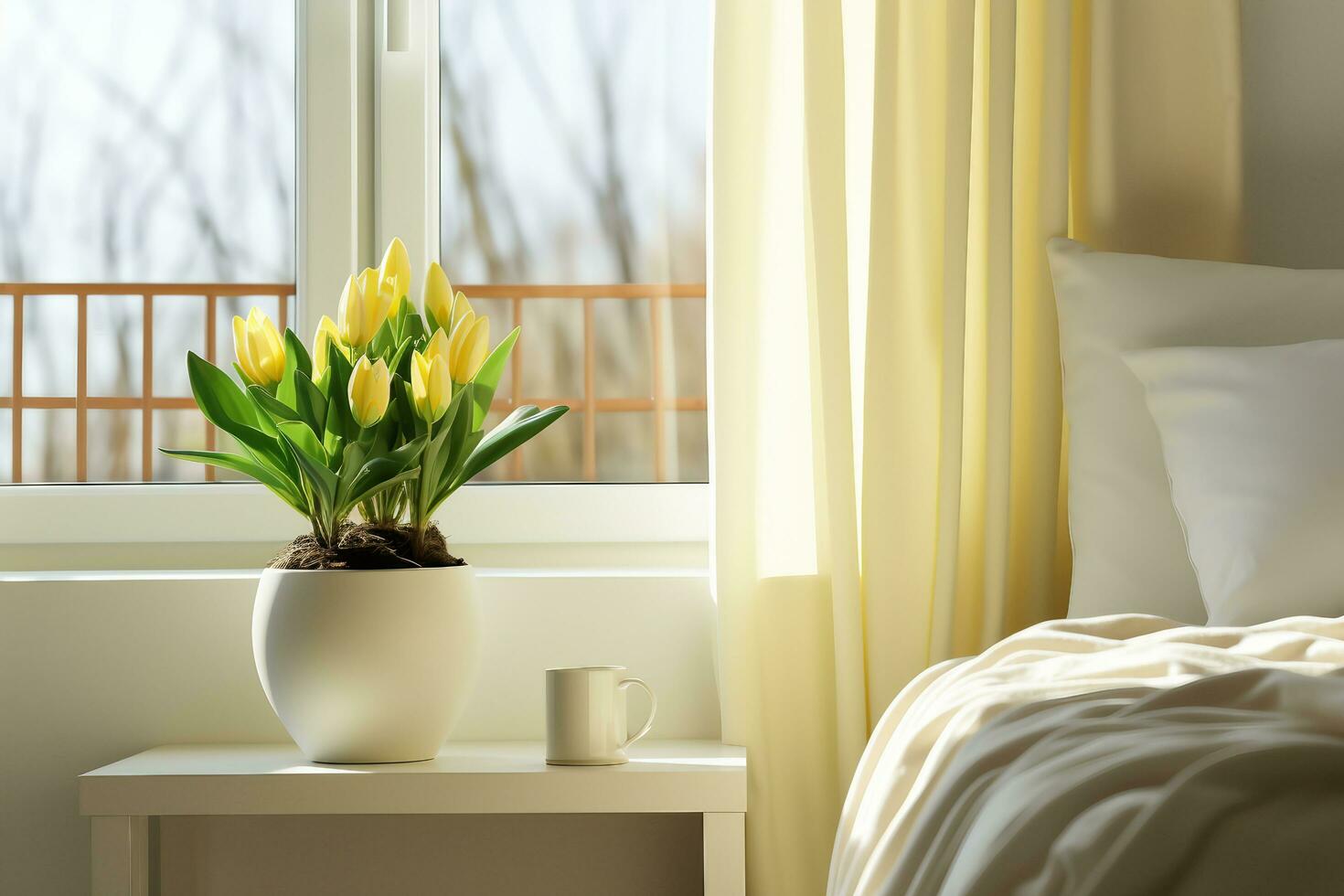 AI generated concept of home gardening. Zamioculcas in flowerpot on windowsill. Home plants on the windowsill. Green Home plants in a pot on windowsill at home. generative ai. photo