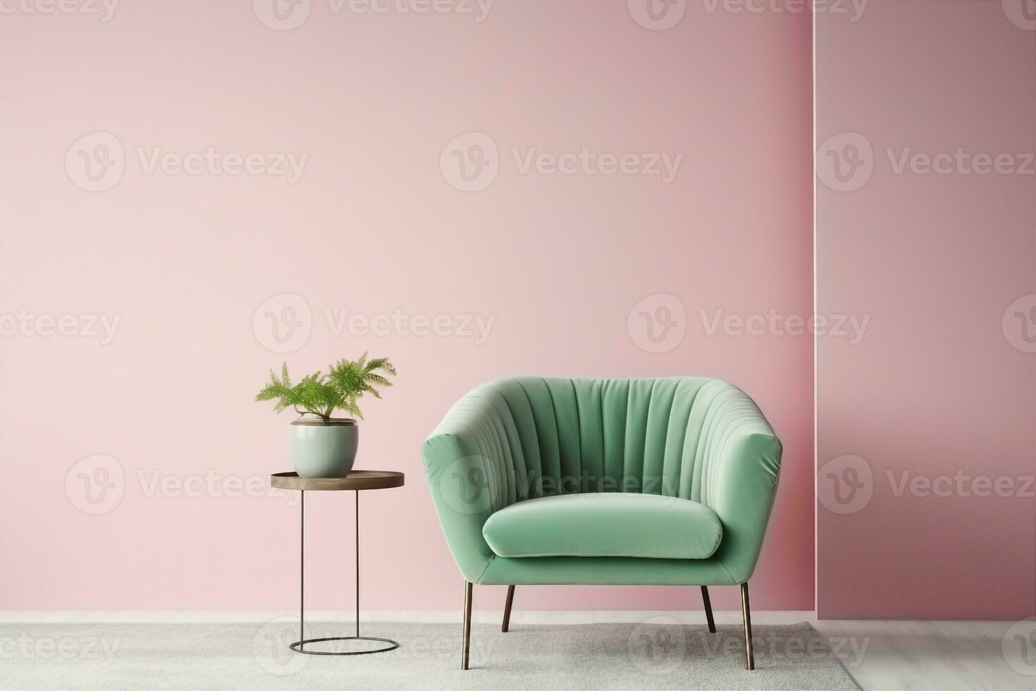 AI generated Interior with a soft green armchair on a pink wall background. 3D illustration, 3d render. generative ai. photo