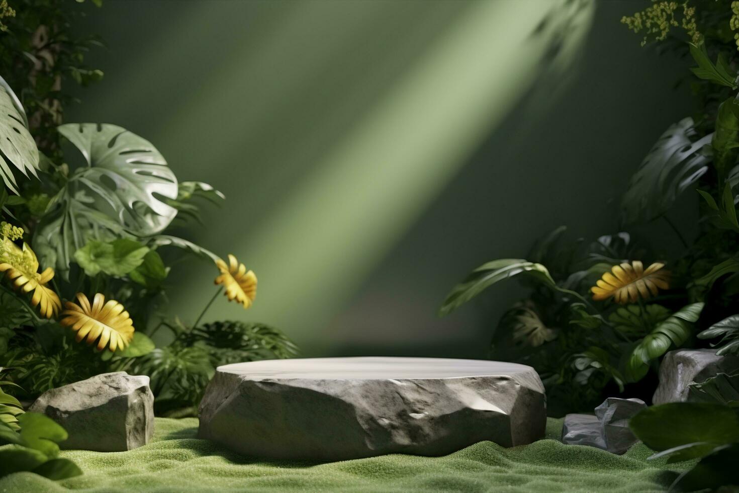 AI generated Stone platform in tropical forest for product presentation and green wall.3D rendering. generative ai. photo