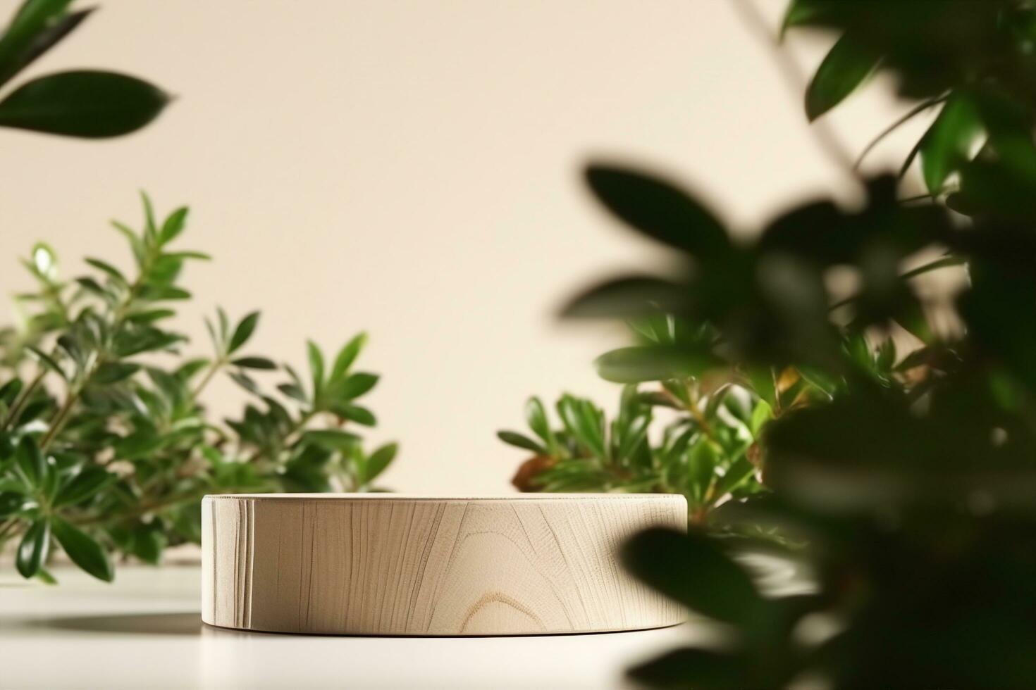 AI generated Wooden product display podium with blurred nature leaves on brown background. 3D rendering. generative ai. photo