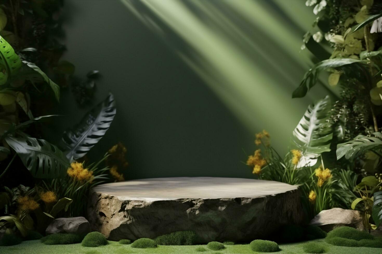 AI generated Stone platform in tropical forest for product presentation and green wall.3D rendering. generative ai. photo