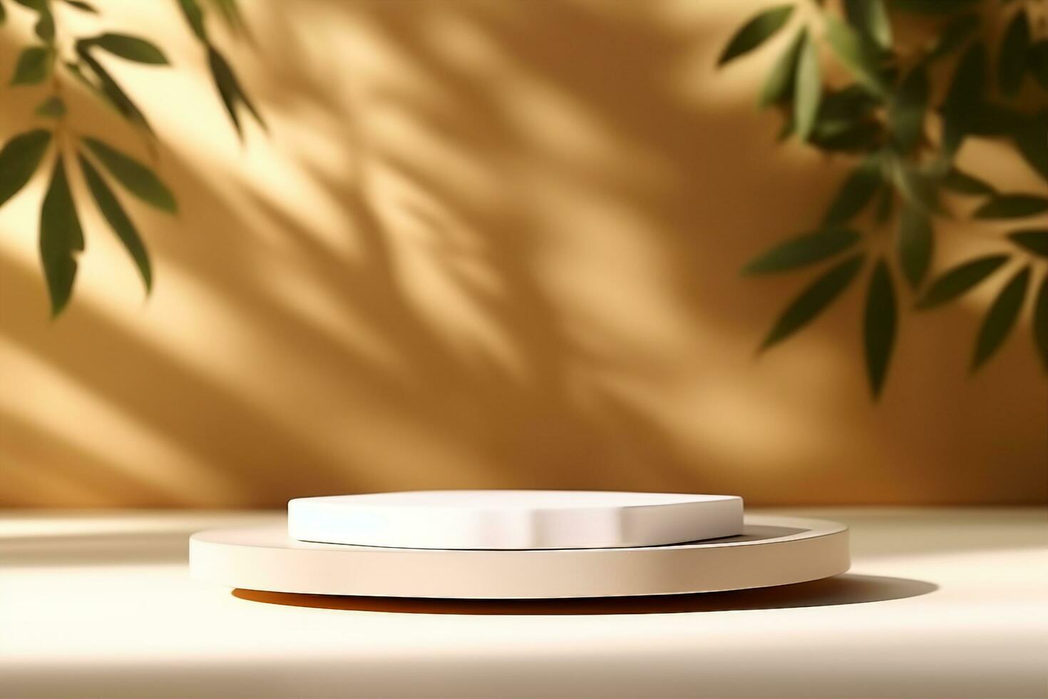 AI generated Abstract minimal nature scene, empty stage and white circle podium on beige background and soft shadows of tree leaves. Pedestal for cosmetic product and packaging mockups. generative ai. photo