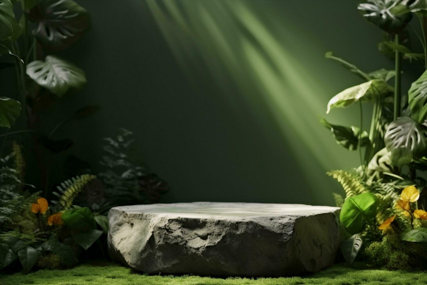 AI generated Stone platform in tropical forest for product presentation and green wall.3D rendering. generative ai. photo