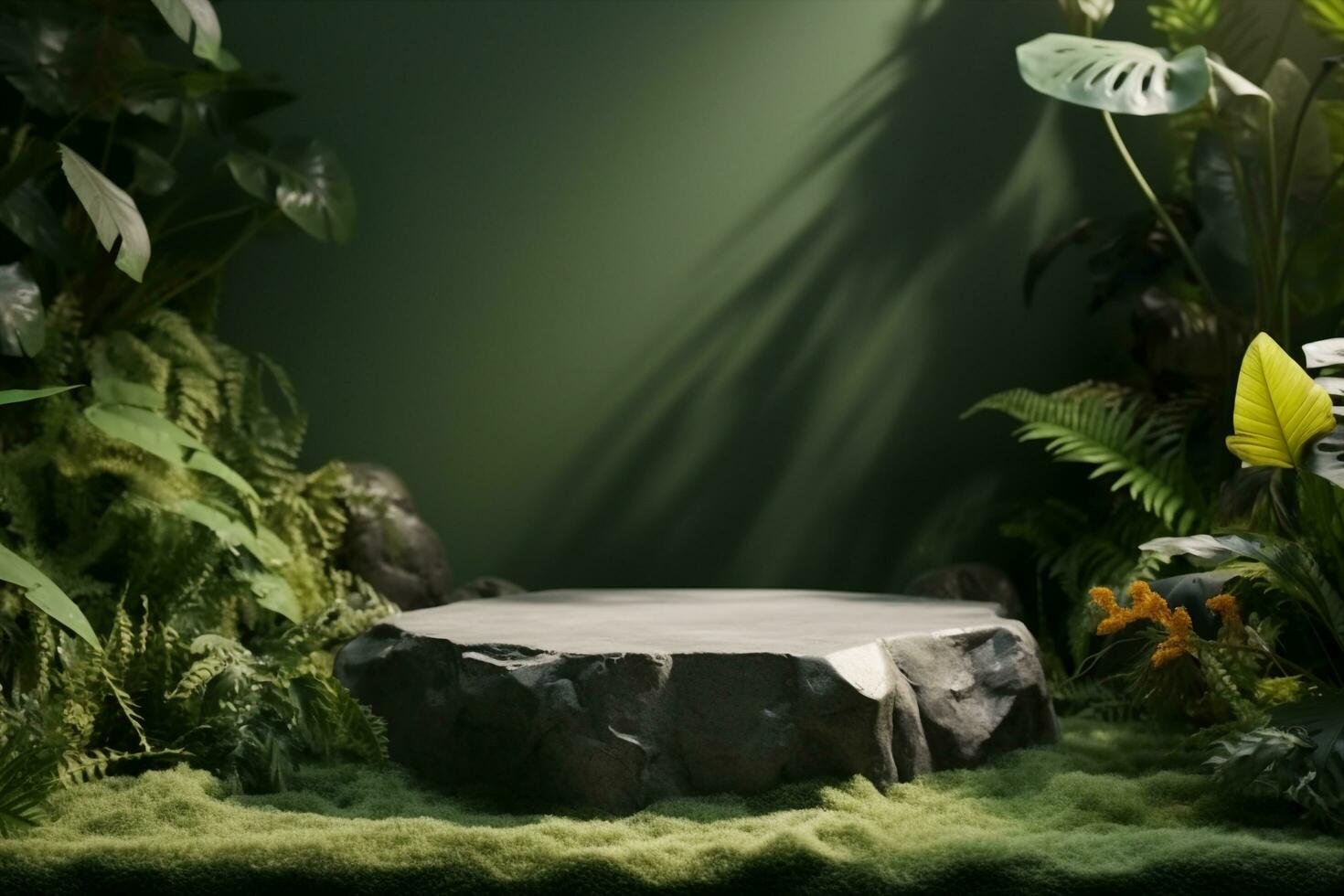 AI generated Stone platform in tropical forest for product presentation and green wall.3D rendering. generative ai. photo