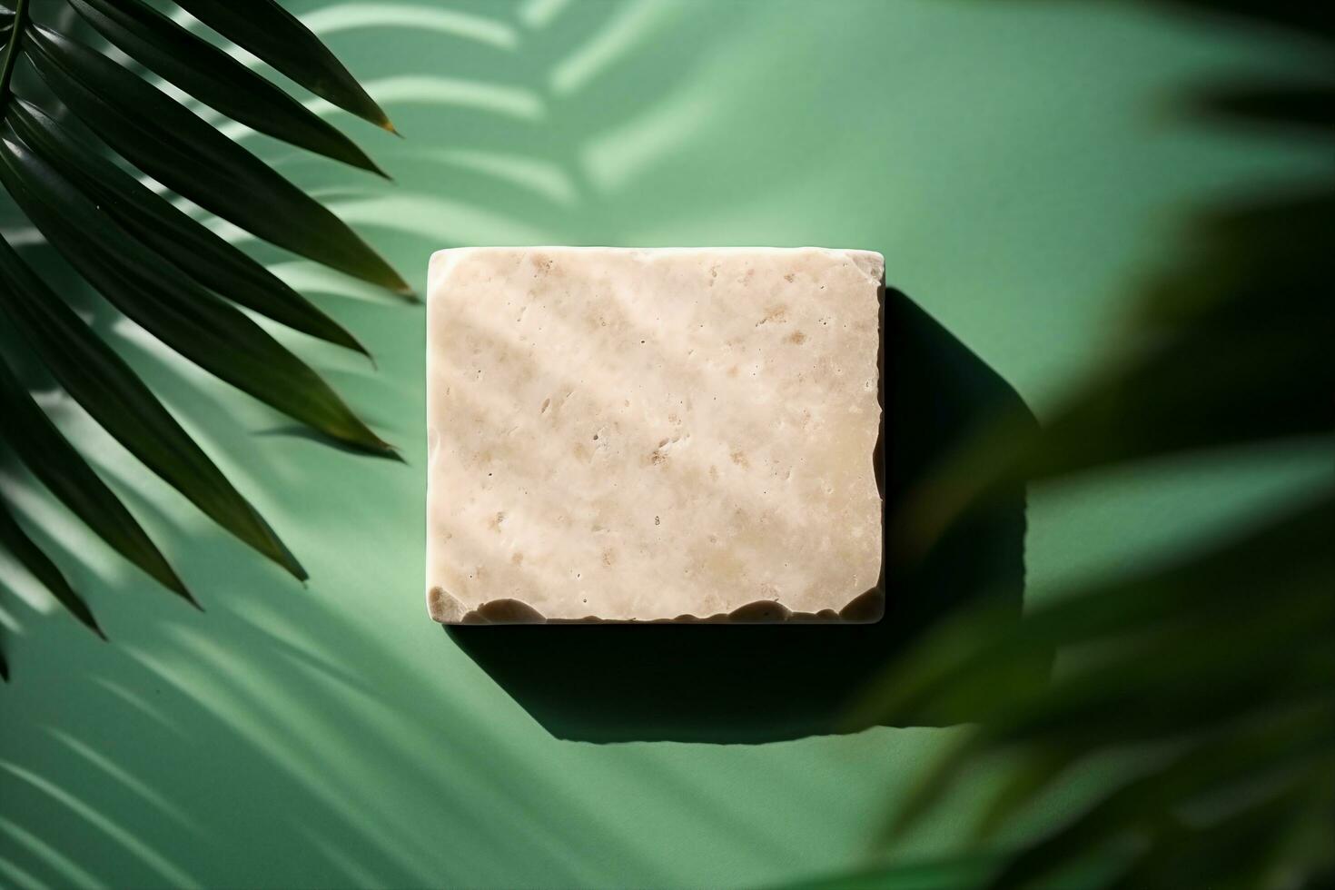 AI generated stone display flat lay podium ongreen background and palm shadow. Product promotion Beauty cosmetic showcase. generative ai. photo