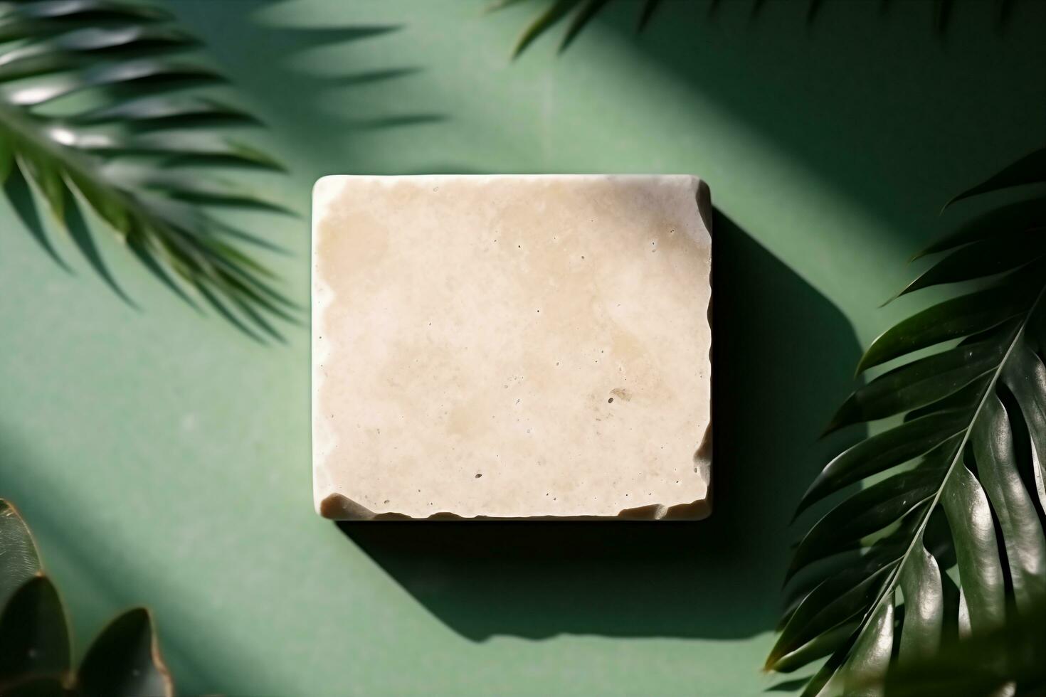 AI generated stone display flat lay podium ongreen background and palm shadow. Product promotion Beauty cosmetic showcase. generative ai. photo