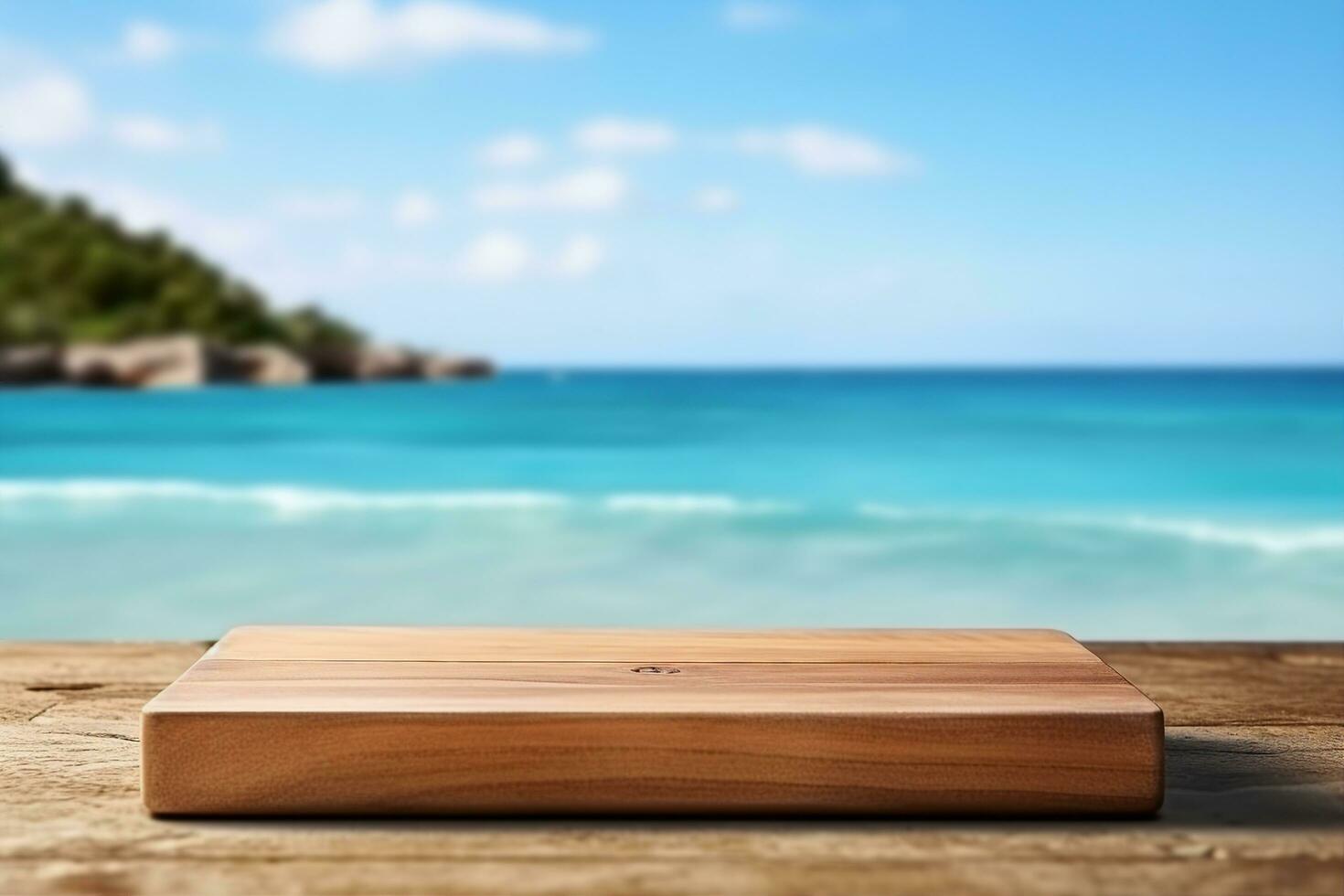 AI generated Wooden table with a podium and free space for your products. Summer holiday day and seascape. generative ai. photo