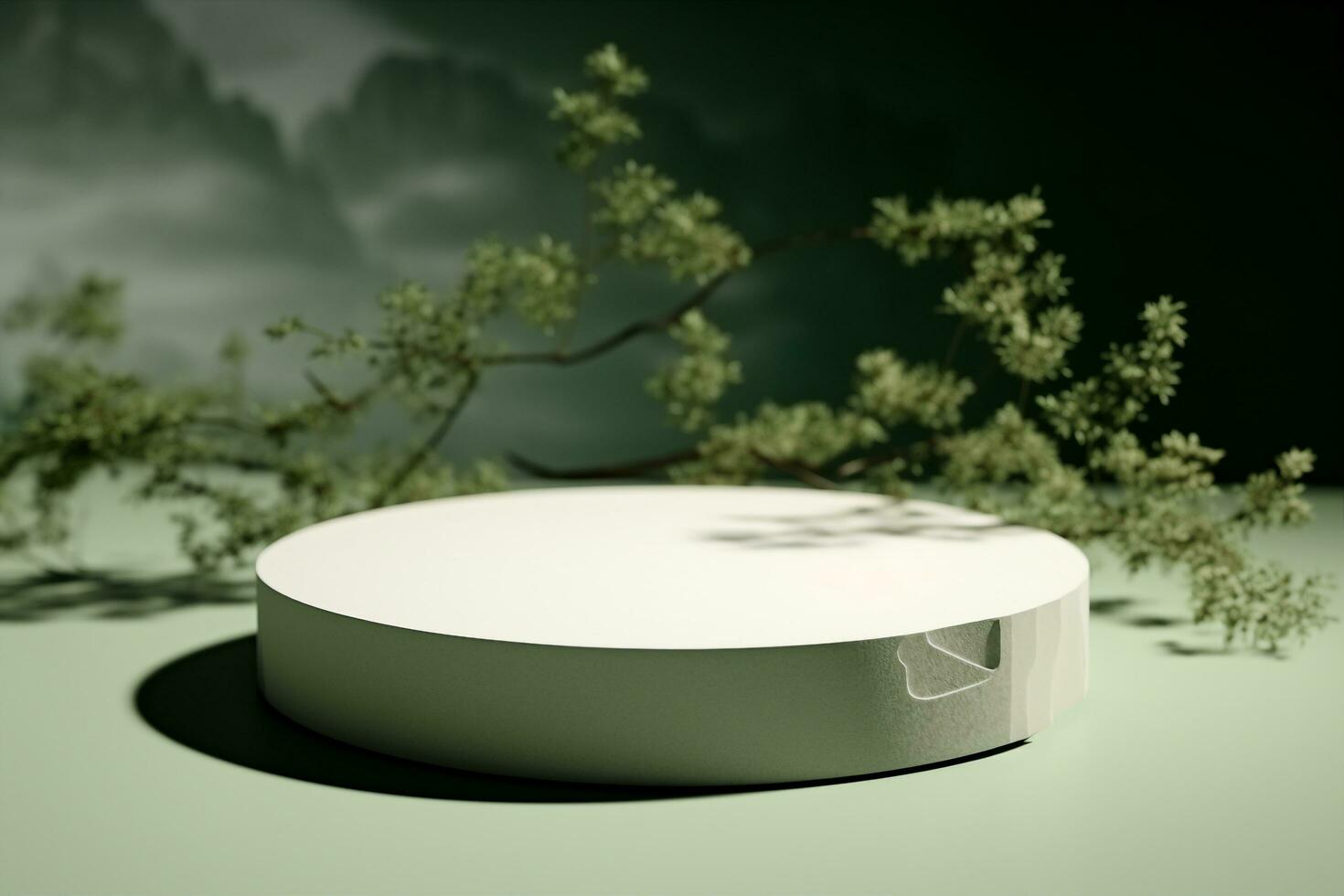 AI generated Stone podium on rock platform 3d illustration, grey rock pedestal for a product display stand, green forest and blurred horizon on the background, natural scenery landscape. photo