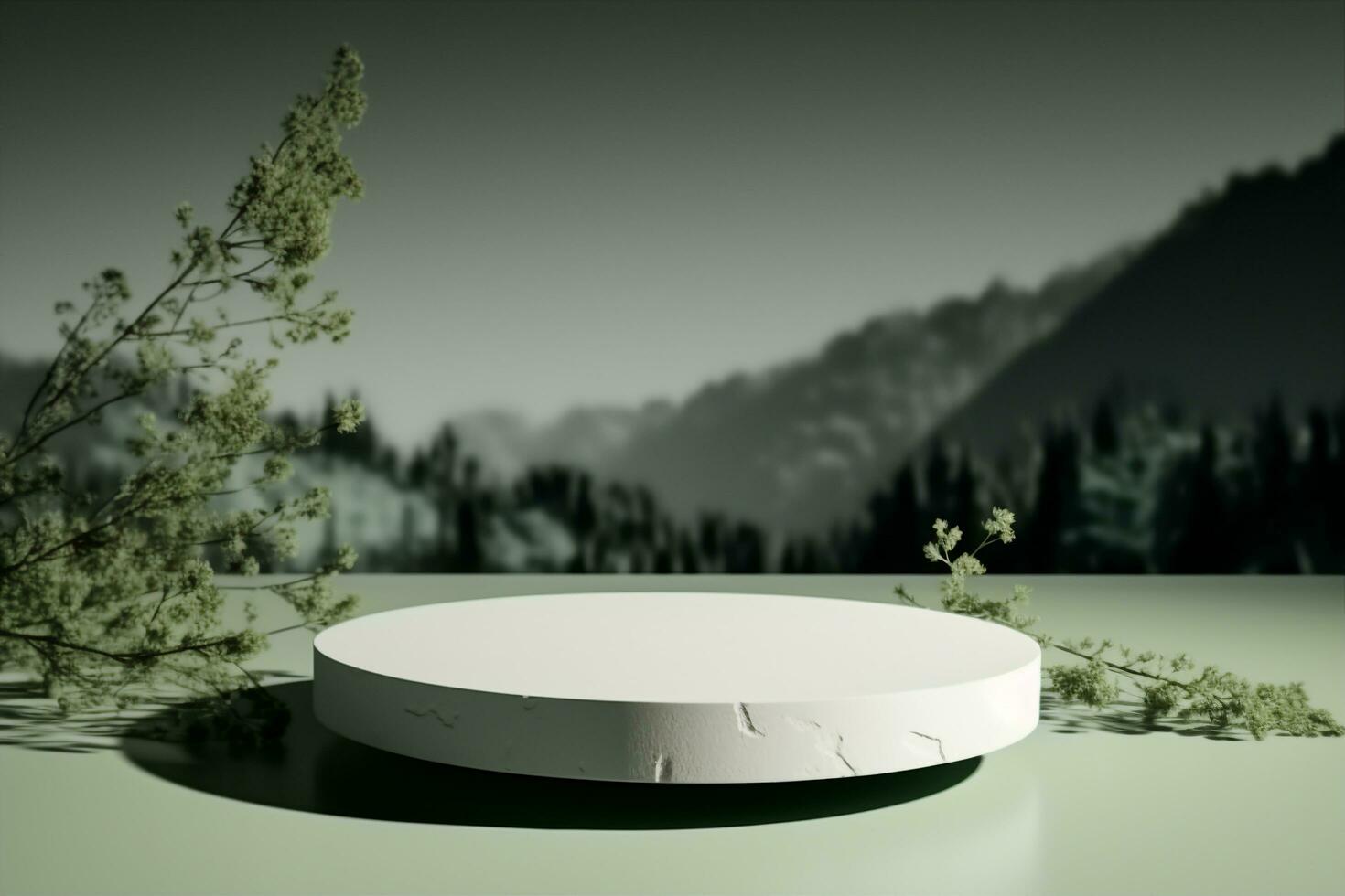 AI generated Stone podium on rock platform 3d illustration, grey rock pedestal for a product display stand, green forest and blurred horizon on the background, natural scenery landscape. photo